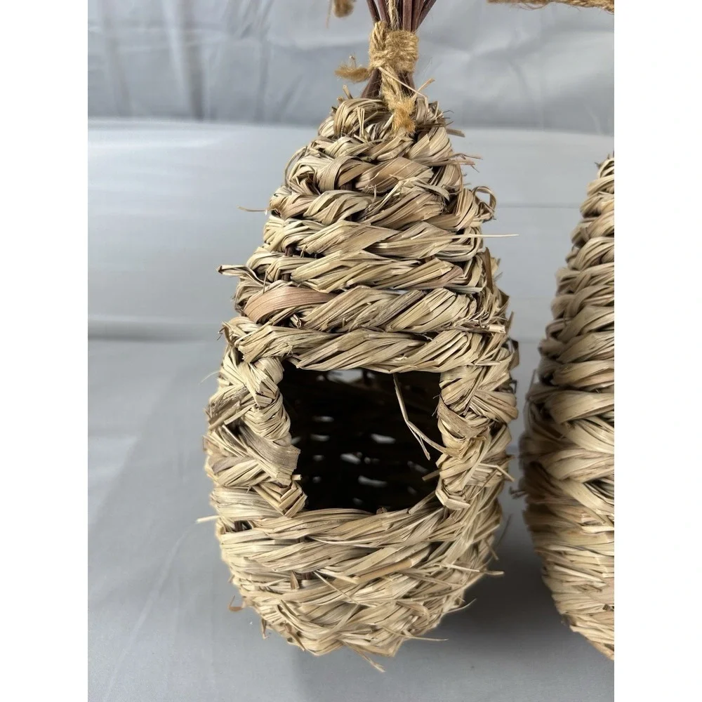 Set of 3 Woven Grass Birdhouses Hanging Natural Rustic Nest Decor Outdoor Garden